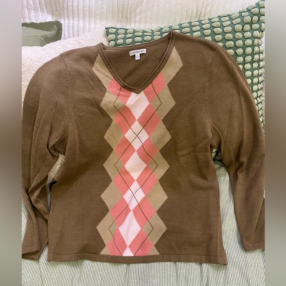 Croft & Barrow Brown Argyle Sweater with Pink and Tan, Size XL